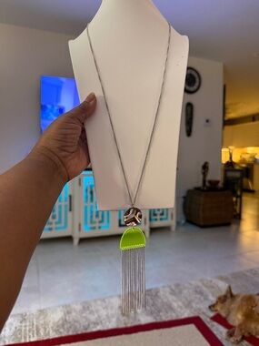 paparazzi Silver Chain Neon Green Tassel Pendant Necklace